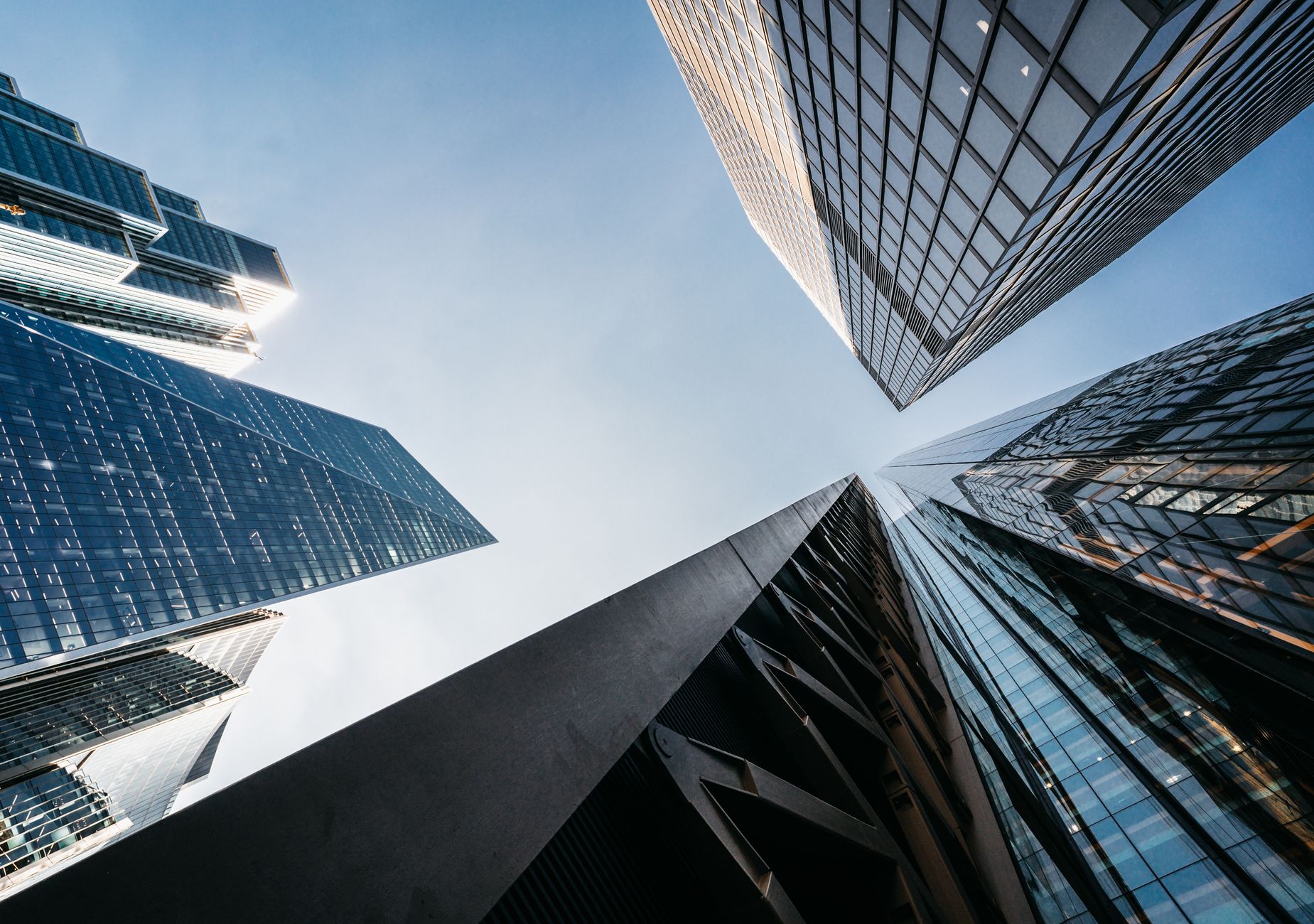 A dramatic view of modern highrise financial skyscrapers
